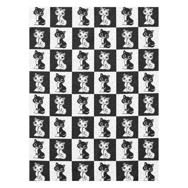 Black White  Cat Monogram Block Print Tablecloth (Front)