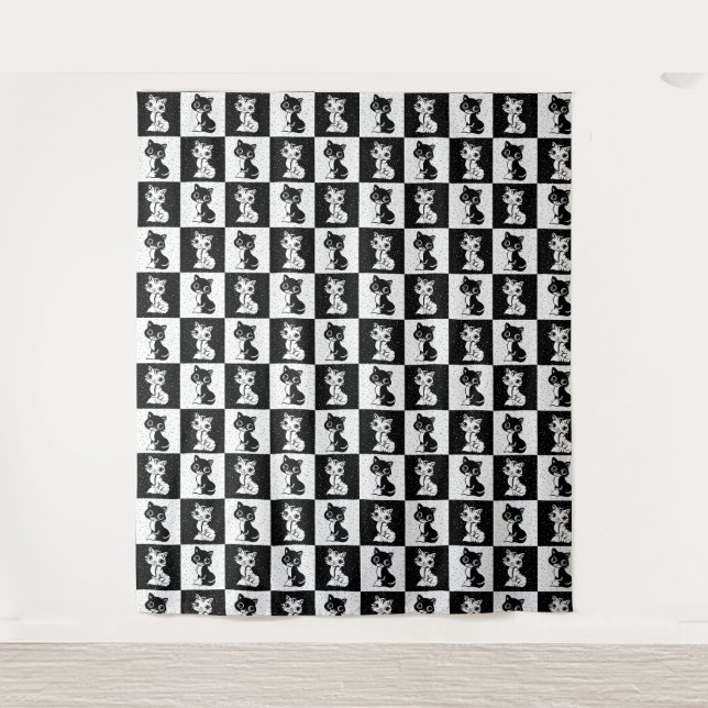 Black White  Cat Monogram Block Print Tapestry (Front)