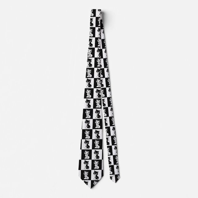 Black White  Cat Monogram Block Print Tie (Front)