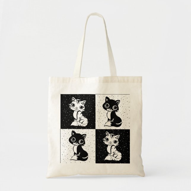 Black White  Cat Monogram Block Print Tote Bag (Front)