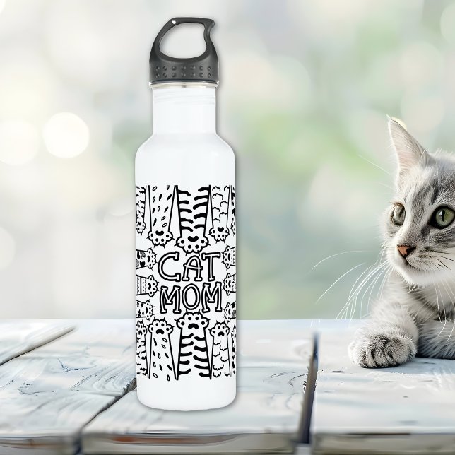 Black & White Cat Mum Paw Print Design 710 Ml Water Bottle (Creator Uploaded)