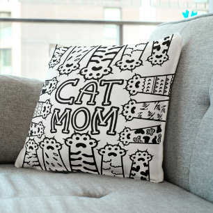 Black & White Cat Mum Paw Print Design Cushion