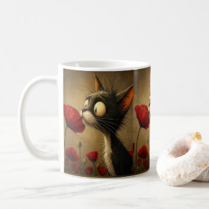 Black & White Cat Red Flower Floral Mug