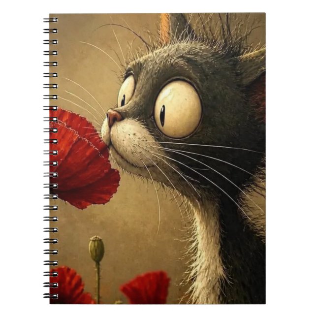 Black & White Cat Red Flower Spiral Notebook  (Front)
