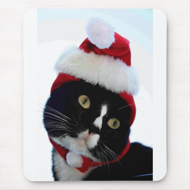 Black & White Cat Santa Hat looking left no frame Mouse Pad (Front)