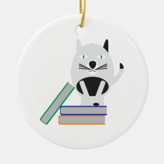 Black White Cat Standing on Books Ceramic Ornament