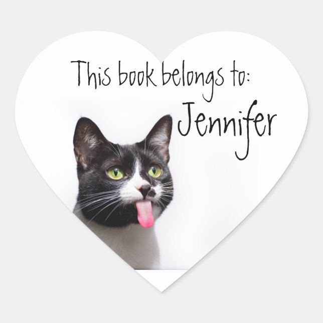 Black White Cat Sticking Tongue Out Heart Sticker (Front)