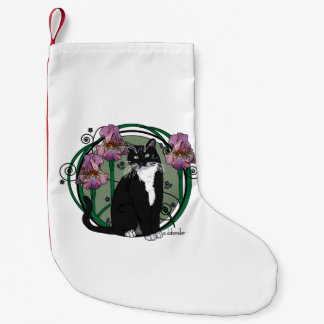 Black & White Cat with Irises Small Christmas Stocking