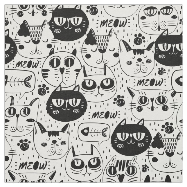Black white cats faces pattern fabric (Swatch)