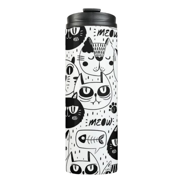 Black white cats faces pattern thermal tumbler (Front)