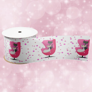 Black White Cats in Pink 1950s Chair Dots Satin Ribbon