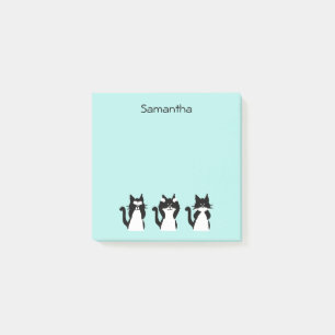 Black White Cats Three Wise Kitties Aqua Blue Post-it Notes