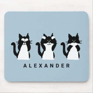 Black White Cats Three Wise Kitties Light Blue Mouse Pad