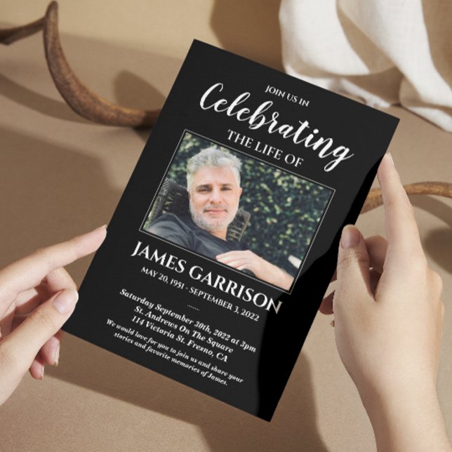 Black White Celebration of Life Photo Memorial Invitation (Creator Uploaded)