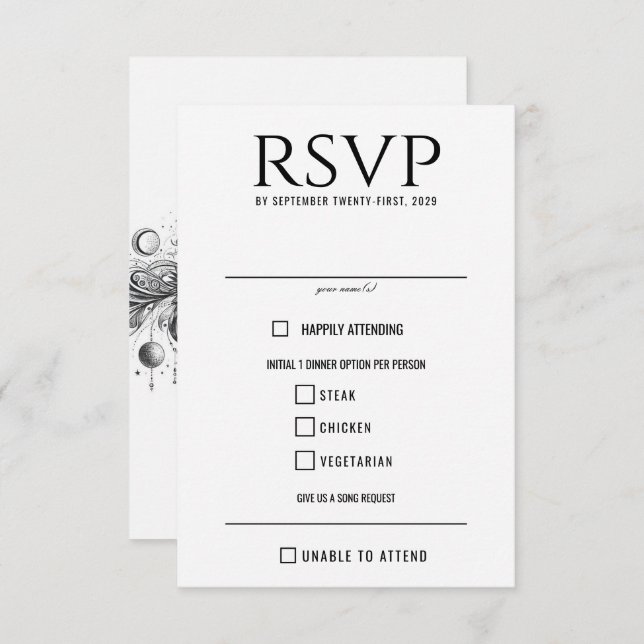 Black & White Celestial Food Choices RSVP Card (Front/Back)
