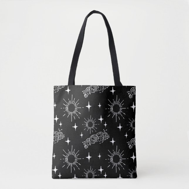 Black & White Celestial Sunburst Tote Bag (Front)