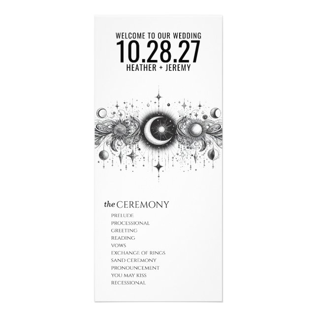 Black & White Celestial Wedding Program Rack Card (Front)
