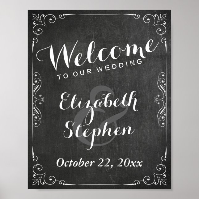 Black White Chalkboard Floral Wedding Sign Poster (Front)