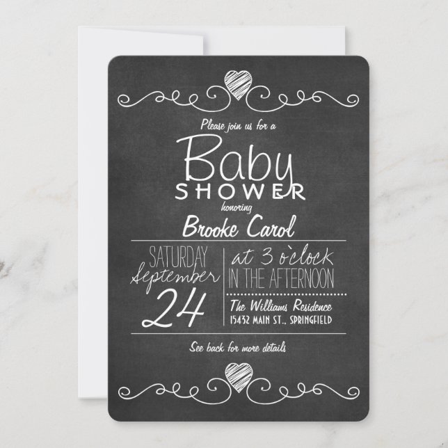 Black & White Chalkboard, Heart Baby Shower Invitation (Front)