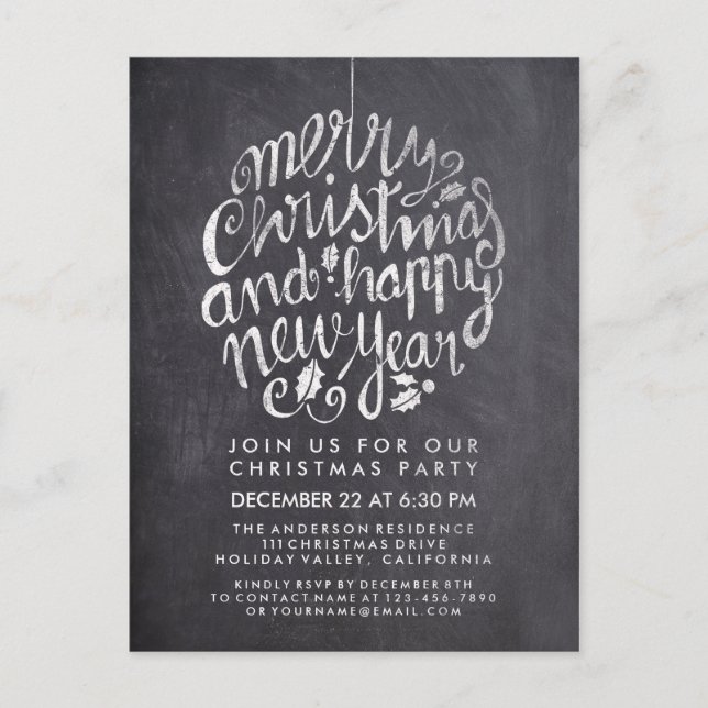 Black White Chalkboard Holly Merry Christmas Party Postcard (Front)