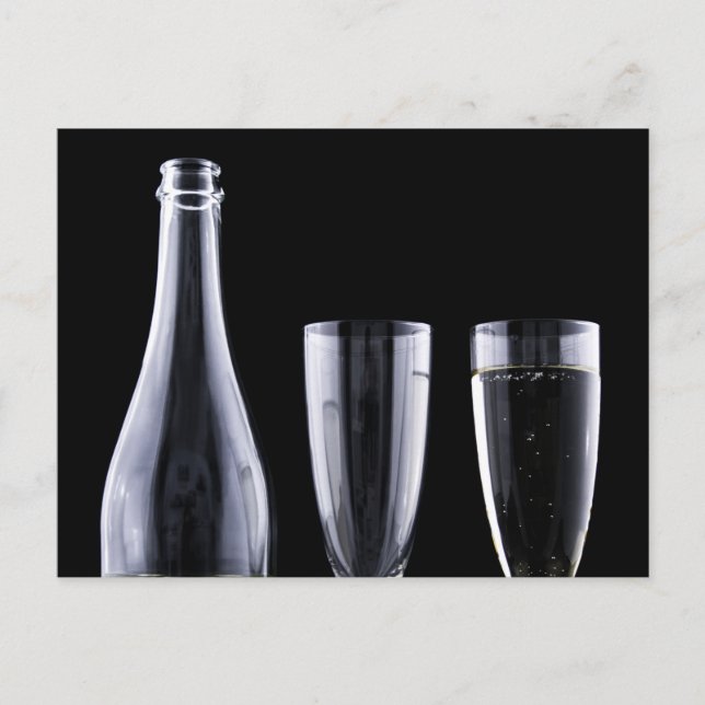Black White Champagne Bottle Flute Glasses Festive Postcard (Front)