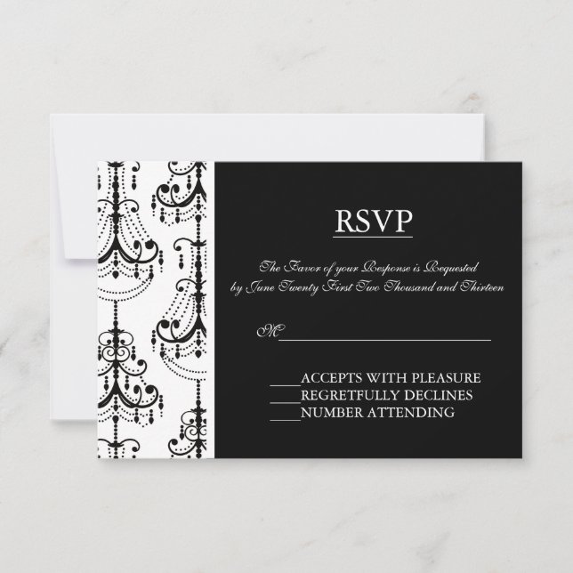 Black & White Chandelier Elegant RSVP cards (Front)