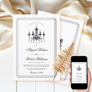 Black, white chandelier QR code Old Money wedding  Invitation