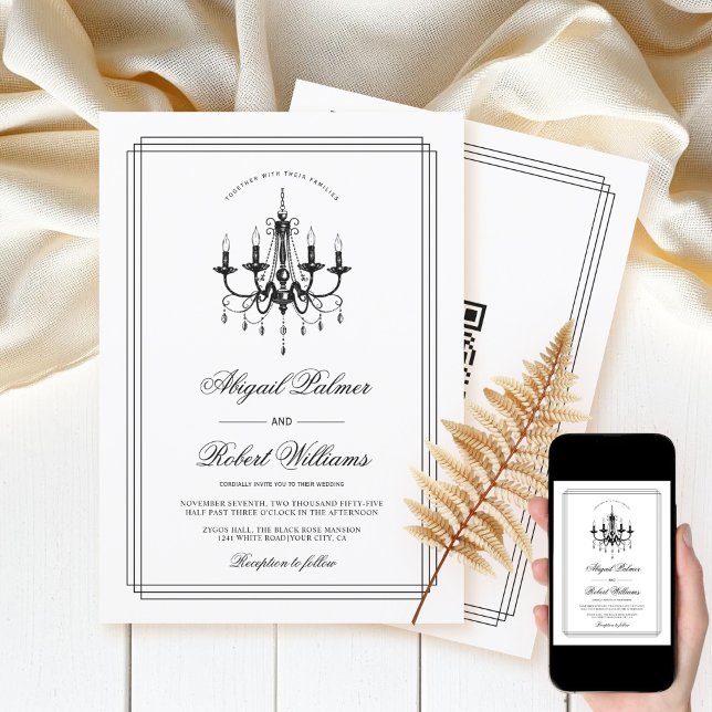 Black, white chandelier QR code Old Money wedding  Invitation (Creator Uploaded)