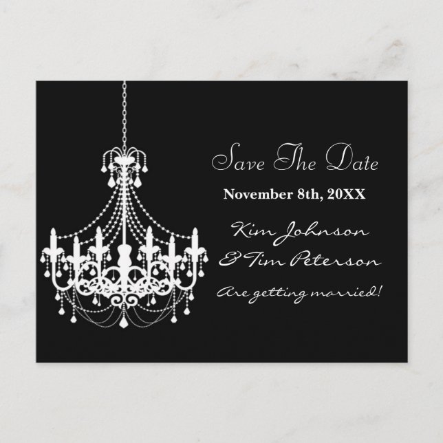 Black White Chandelier Wedding Save Date Postcard (Front)