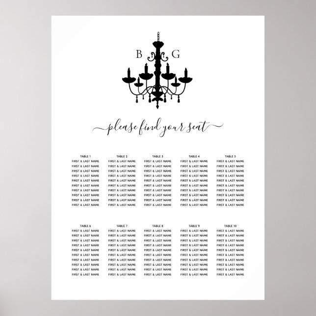 Black White Chandelier Wedding Seating Chart (Front)