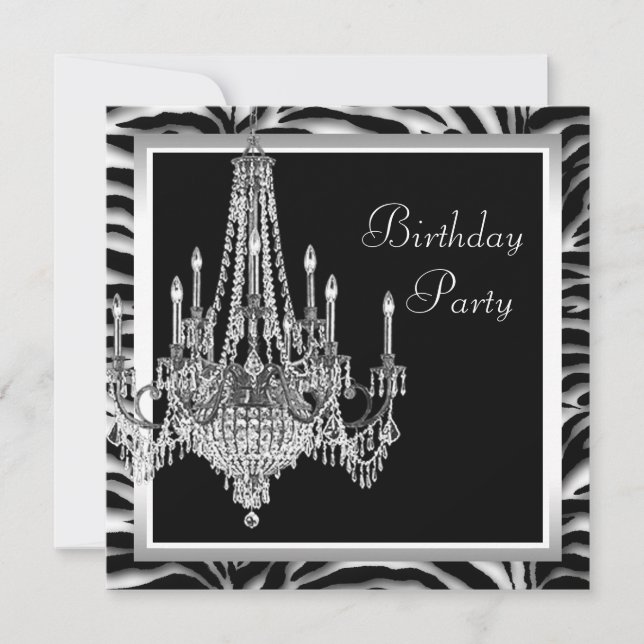 Black White Chandelier Zebra Birthday Party Invitation (Front)