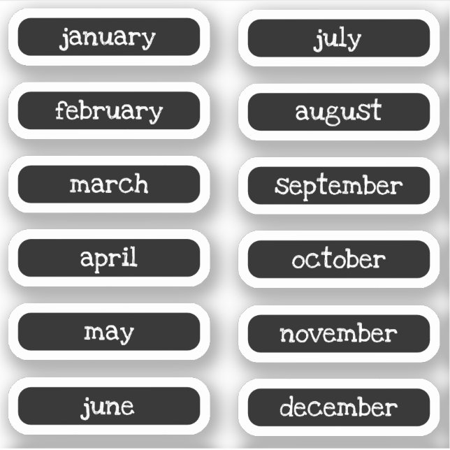 Black White Charming Name of the Months Labels (Front)