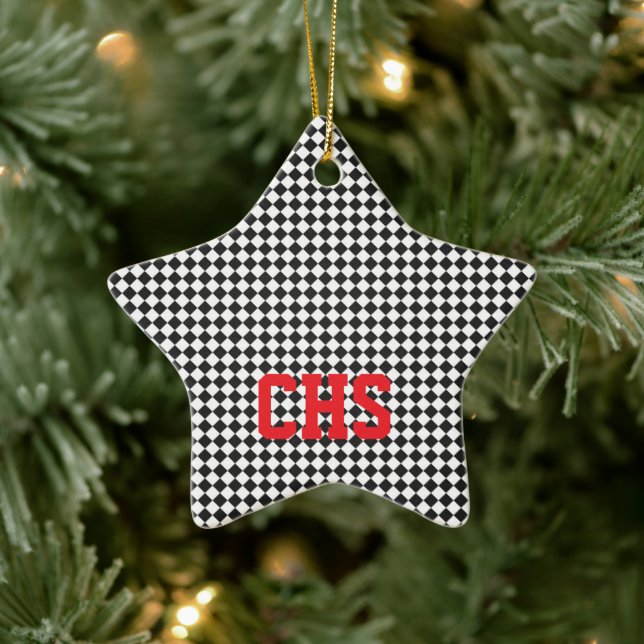 Black White Check ALL STAR INITIALS Red School Fun Ceramic Ornament (Tree)