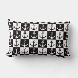 Black White Check Anchor Pattern Design Lumbar Cushion