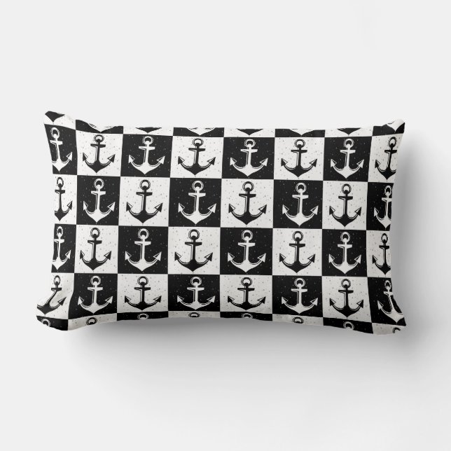 Black White Check Anchor Pattern Design  Lumbar Cushion (Front)