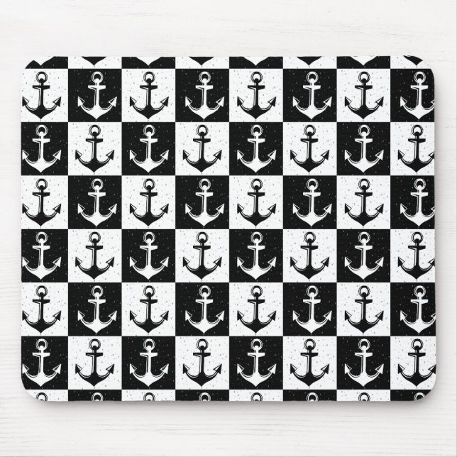 Black White Check Anchor Pattern Design  Mouse Pad (Front)