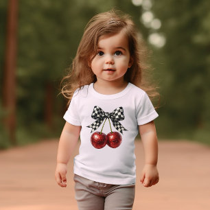 Black & White Check Bow with Cherries Baby T-Shirt