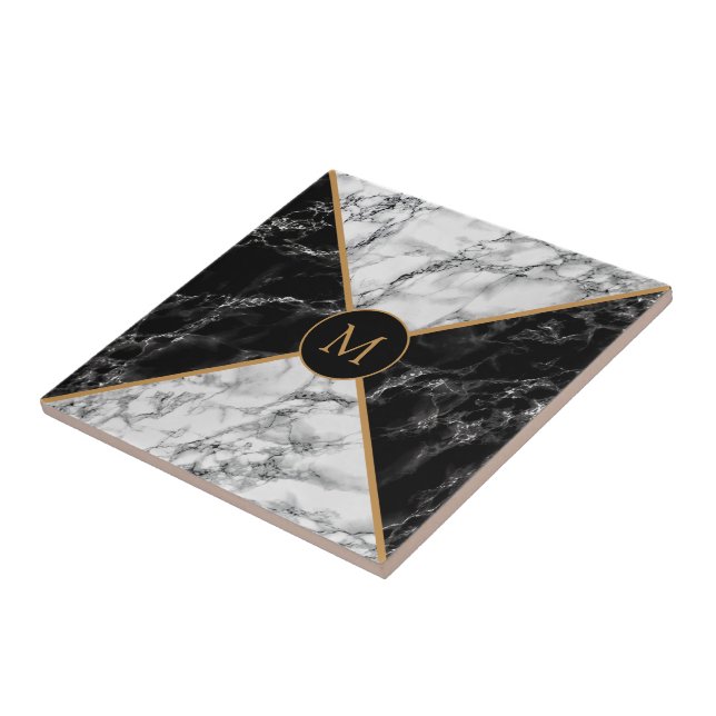 Black & White Check Marble - Customisable - Unique Ceramic Tile (Side)