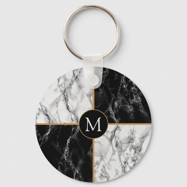 Black White Check Marble Keychain - Your Letter (Front)