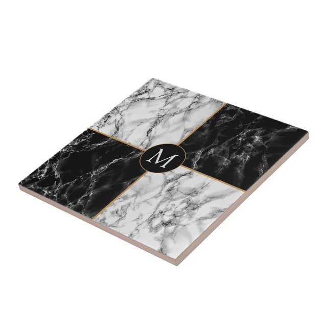 Black White Check Marble Monogram Ceramic Tile (Side)
