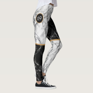 Black White Check Marble Numbers Sports Leggings