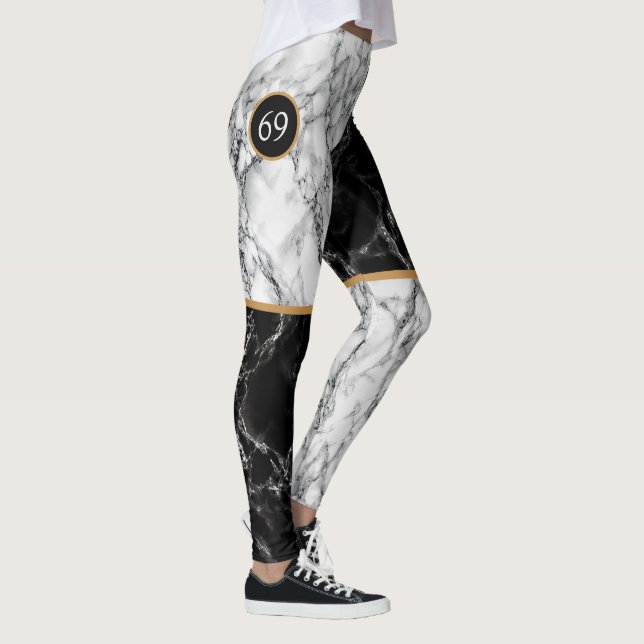 Black White Check Marble Numbers Sports Leggings (Right)