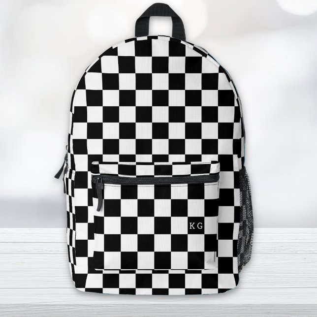 Black & White Check Pattern Monogram Initials Printed Backpack (Creator Uploaded)