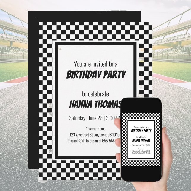 Black White Check Pattern Racing Theme Birthday  Invitation (Creator Uploaded)