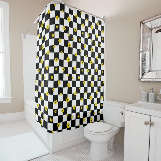 BLACK & WHITE CHECK PATTERN & TINY YELLOW FLOWERS SHOWER CURTAIN (In Situ)
