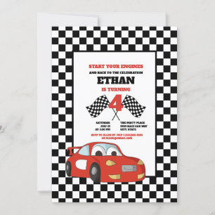 Black White Check Red Race Car 4th Birthday Party Invitation