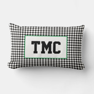 Black White Check Sports Team Racing INITIALS Fun Lumbar Cushion