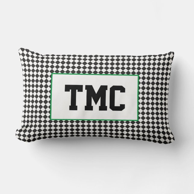 Black White Check Sports Team Racing INITIALS Fun Lumbar Cushion (Front)