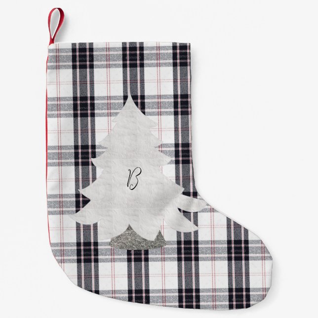 Black&White Check/Tartan Tree Print Small Christmas Stocking (Front)
