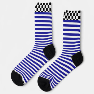 Black + White Check Trim Blue Stripe Socks